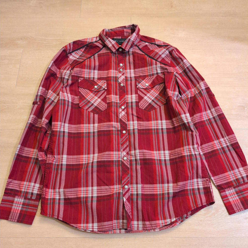 INC International Concepts Women Large Red Plaid Western Pearl Snap Button Shirt
